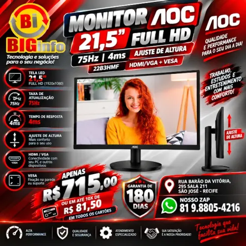 Monitor Aoc 21,5'' Full Hd 75hz 4ms Ajuste De Altura 22b3hmf - Em ate 10x Fixas