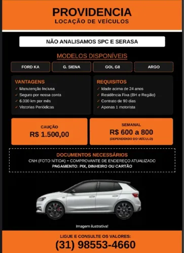 Aluguel de Carros p/ Aplicativo - S/ Consulta SPC/Serasa - BH e Região