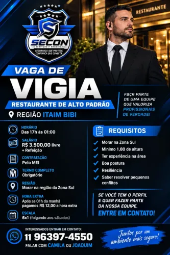 VAGA VIGIA RESTAURANTE ALTO PADRÃO