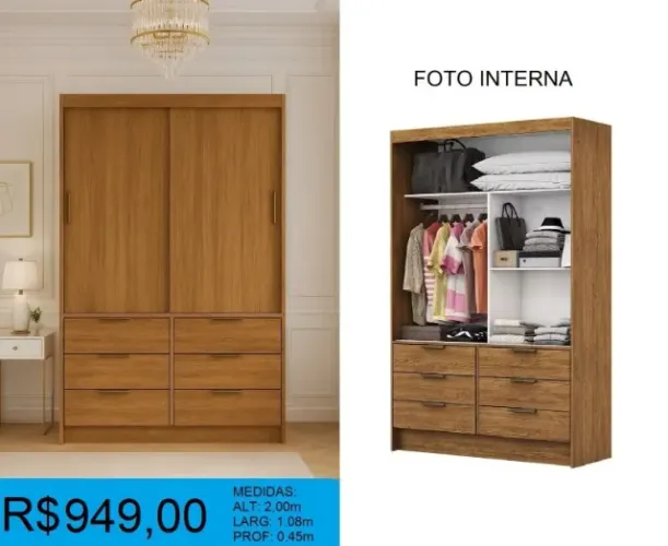 Roupeiro duas portas de correr - Design moderno - Parcele sem juros