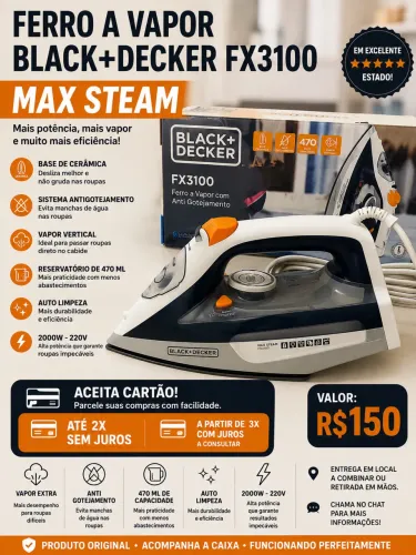 Ferro a Vapor Black+Decker FX3100 Max Steam 220V - Excelente Estado