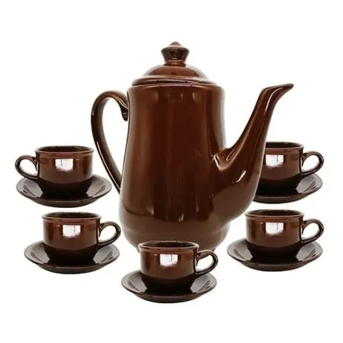 Xicaras Com Bule Em Ceramica Brown 12pçs Ud694
