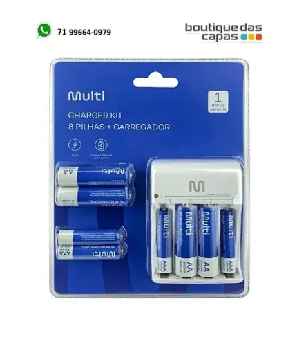  Kit Carregador de Pilha Bivolt + 8 Pilhas AA e AAA Recarregaveis Multilaser CB093