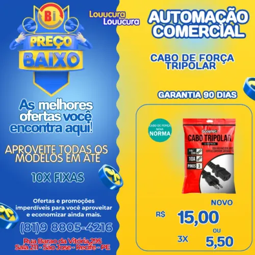 Cabo de Força Tripolar 3 Pinos 1,5m Bivolt Universal - Compatível com PC, Monitor,