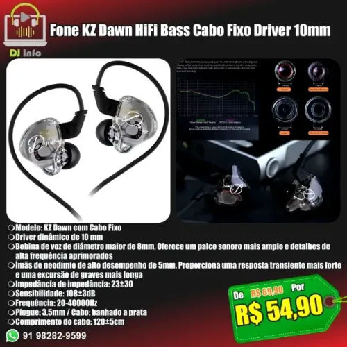 Fone KZ Dawn HiFi Bass Cabo Fixo Driver 10mm