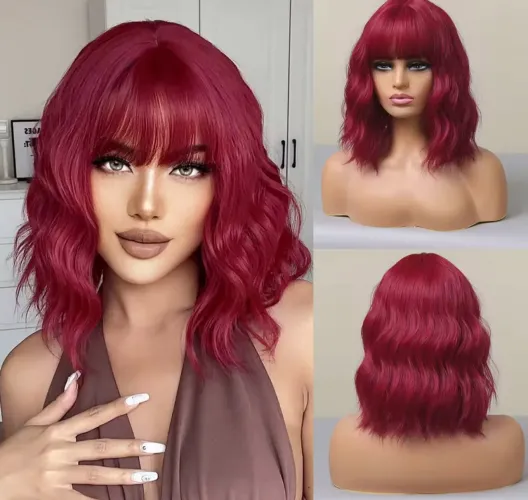 Peruca Vermelha com Franja - Cabelo Ondulado