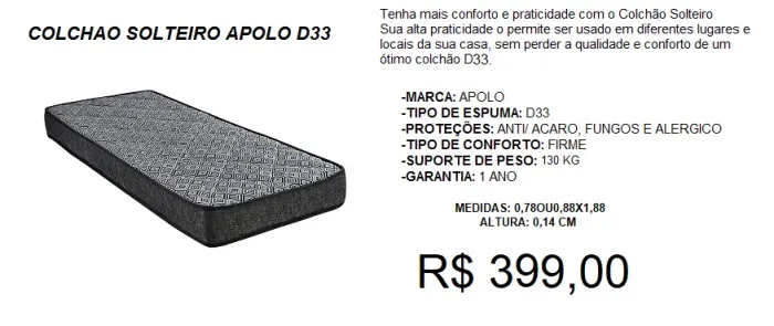Colchão D33 Solteiro 0,14 altura - Selado pelo Inmetro - 1 ano de garantia -110 kgs