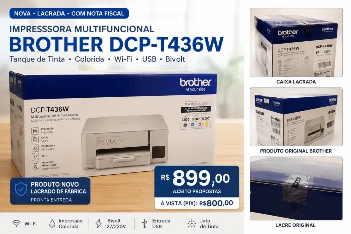 Impressora Brother DCP-T436W Lacrada com NF | Wi-Fi Tanque de Tinta