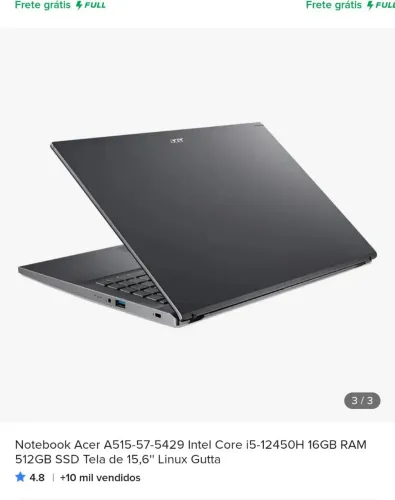 Notebook Acer A515-57 5429 I5 12450h, 16GB de Ram, 512 SSD M2 pouquíssimo usado 