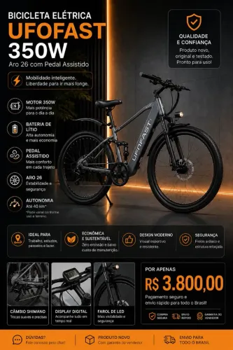 Bicicleta Elétrica UFOFAST 350W Aro 26 | Até 40km de Autonomia