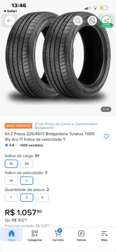 1 Pneus 225/45r17 Bridgestone Turanza T005 91y Aro 17 Índice de velocidade Y