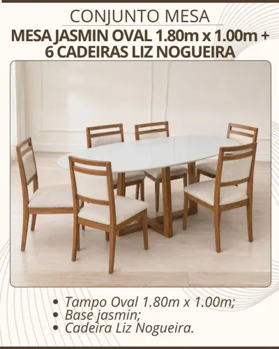 Mesa jasmim oval com 6 Cadeiras 1.80m