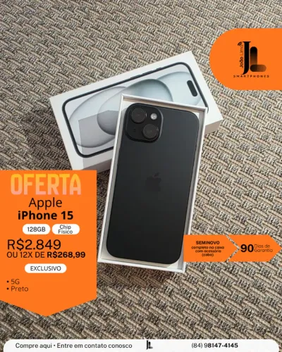 IPHONE 15, 5G, 128GB, CHIP FÍSICO, PRETO, SEMINOVO, EXCLUSIVO!