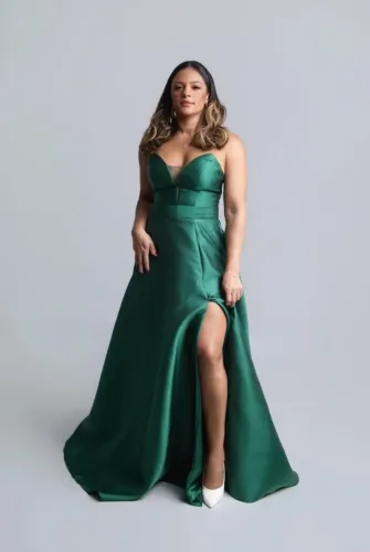 Vestido de festa longo, cetim, verde esmeralda