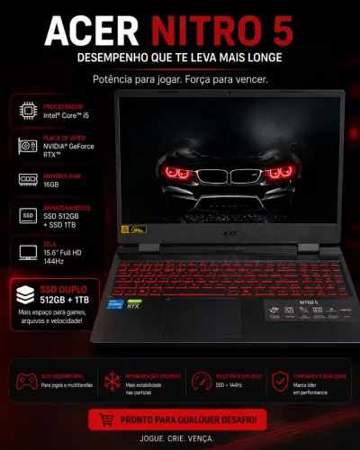 Notebook gamer Nitro 5 - 16RAM 1,5TB RTX 3050.