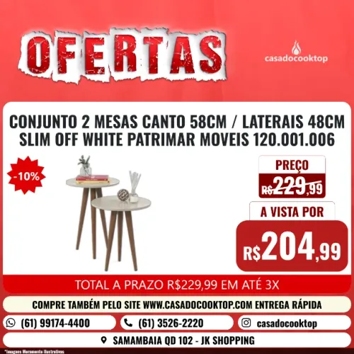 CONJUNTO 2 MESAS CANTO 58CM / LATERAIS 48CM SLIM OFF WHITE PATRIMAR MOVEIS 120.001.006