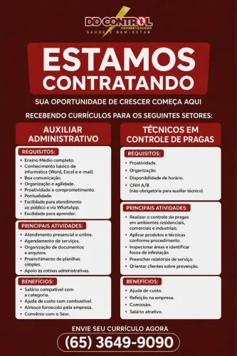 VAGA DE EMPREGO AUXILIAR ADMINISTRATIVO E TECNICOS/AUXILIAR CONTROLE DE PRAGAS