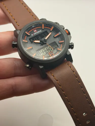 Relógio Naviforce Original Preto e Laranja Digital Analógico Pulseira Couro