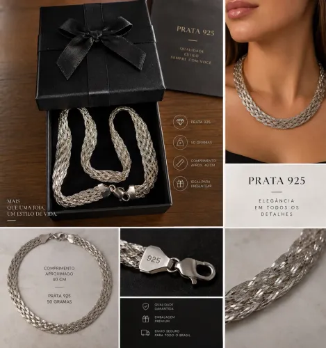 Gargantilha / Colar Prata 925 - 50g - 40cm - Malha Trançada