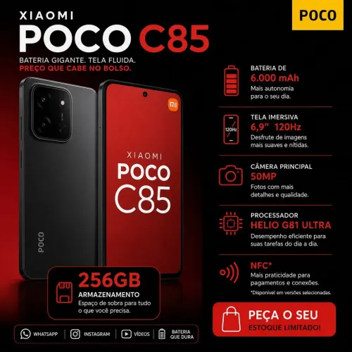 Xiaomi POCO C85 256GB Tela Fluida 120Hz Bateria 6000mAh - Novo 1 ano garantia