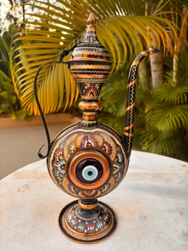 Jarro Ornamental Turco (Íbrigue/Ibrik) em Cobre Legítimo e Esmaltados - Vintage Anos 80