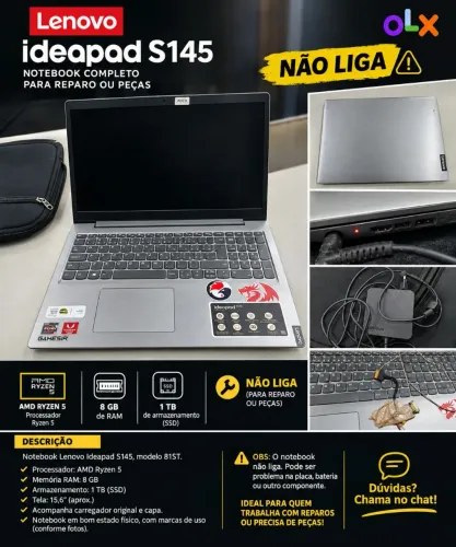 (Carcaça) !!!Notebook Lenovo ideapads 145 rizen 5 ,8 de ram