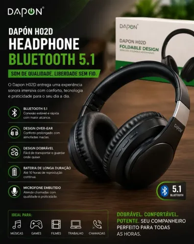 Fone De Ouvido Headphone Dapon H02d Bluetooth 5.1 Over-ear 22 Horas De Bateria Cor Preto