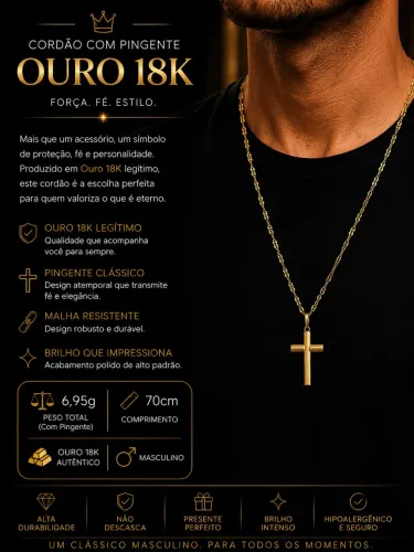Cordão Ouro 18K com Pingente Crucifixo - 70cm - 6,95g