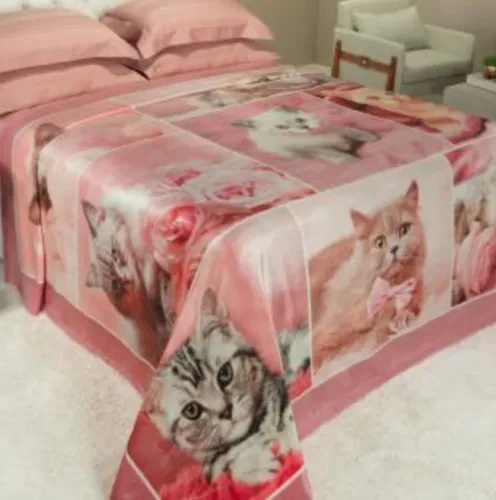 Cobertor casal flanelado c/ estampa gatinhos QUADROS ROSA