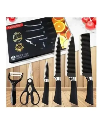 Kit Facas 6 Peças Com Tesoura E Descascador Lâminas Afiado Preto