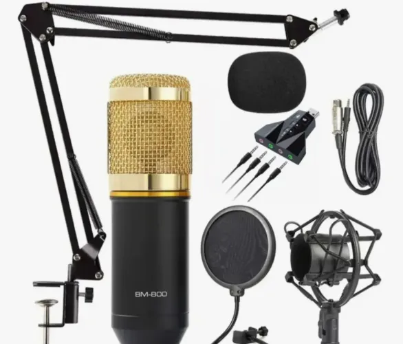 Kit Microfone Condensador Para Stream Pod Cast +palca De Som Cor Dourada