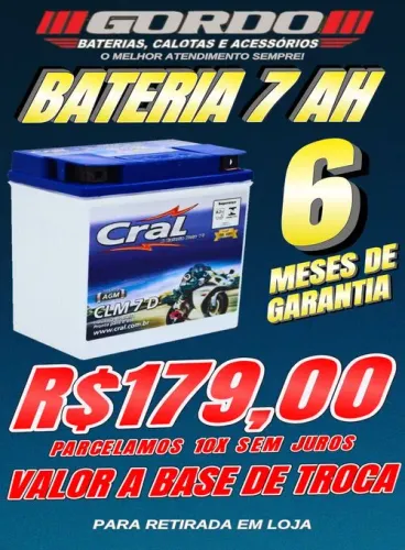 Bateria de moto 7ah com 6 meses de garantia. Bateria nova por R$179,00 em até 10xsem juros
