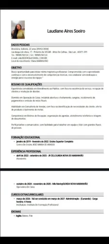 Operadora de Caixa / Atendente / Recepcionista 
