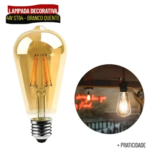 Lâmpada LED ST64 Vintage 4W E27 Branco Quente Estilo Retrô Decorativa - SCS45