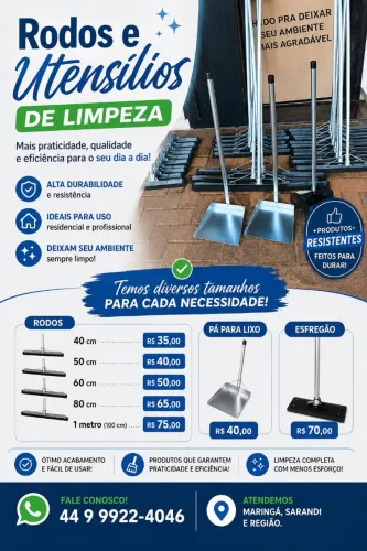 Rodos vários tamanhos, pá para lixo, esfregão. Atacado e varejo.