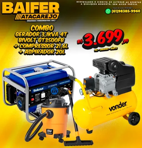 Gerador 3,1Kva 4T Bivolt GT3500fb + Compressor 21,6l + Aspirador 20l