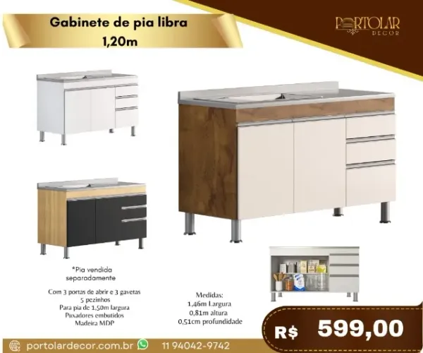 Gabinete de Pia Libra 1,20m a pronta entrega