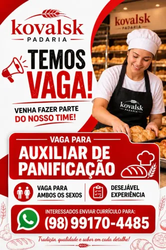 VAGA EM PADARIA NO CENTRO AUXILIAR DE PADEIRO/PANIFICAÇÃO