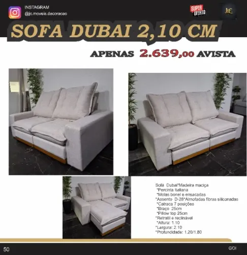 SOFA RETRATIL E RECLINAVEL DUBAI 2,10CM