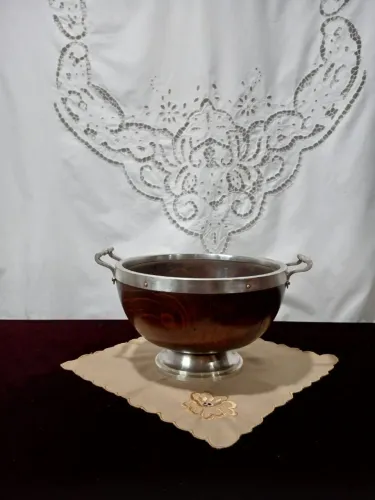 Antiga Saladeira De Metal E Madeira Prata Eberle