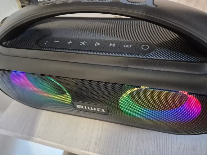 Caixa de som boombox aiwa bluetooth com bateria na caixa com nota