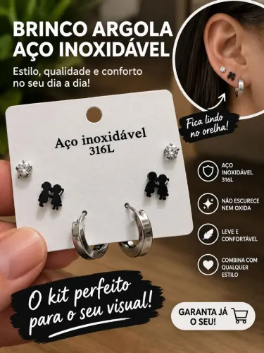 Kit brincos aço inoxidável prateado namorado