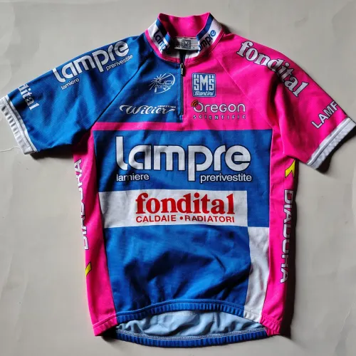 Camisa ciclismo lampre fondital feita pela Santini made italy Tam p