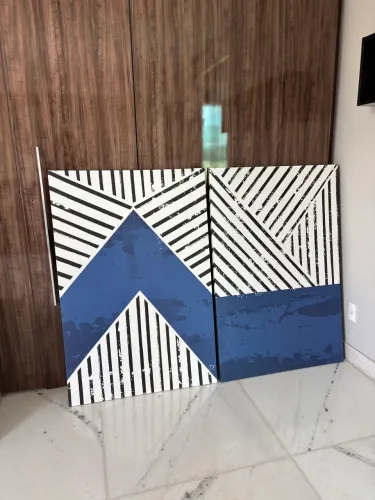 Kit 2 quadros decorativos abstratos azul preto e branco grandes