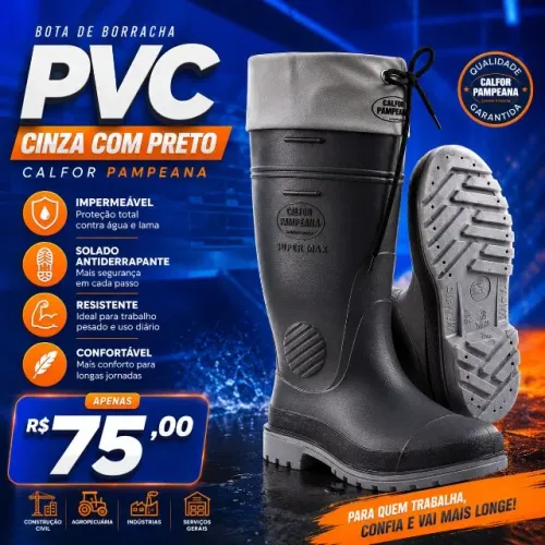 BBota PVC Calfor Pampeana Cano Longo Cinza com Preto