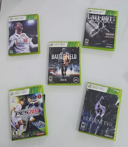 Lote 5 Jogos Xbox 360 (FIFA 18, PES 2013, CoD Black Ops 2, Battlefield 3, RE 6)
