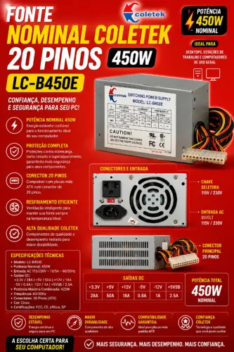 Fonte Coletek 20 Pinos 450W LC-B450E