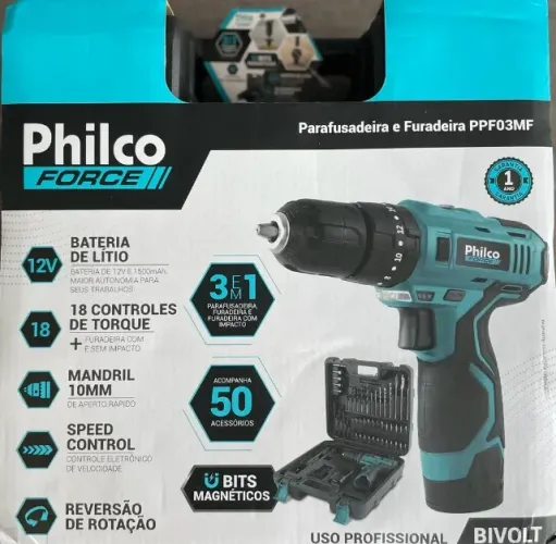 Parafusadeira e Furadeira com Impacto Philco Force Ppf03 12V com Maleta 50 Ferramentas