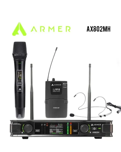 Microfone sem Fio Profissional Duplo Bastão + Headset Armer AX802MH