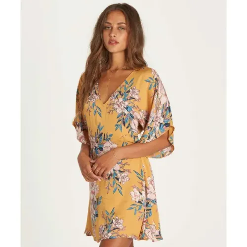 Billabong Golden Light Dress Honey Gold Vestido Seda Dourada Floral Estampado Surf - Tam M